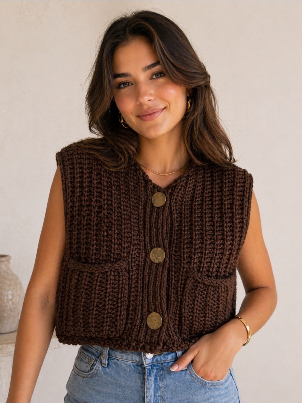 Chunky Knit Brown Sweater Vest Button Front Stretch Fit S-L